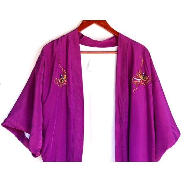 Boho Women's Large Purple Kimono Jacket Embroidered Dragon Satin Open Short Robe - Picture 2 of 6